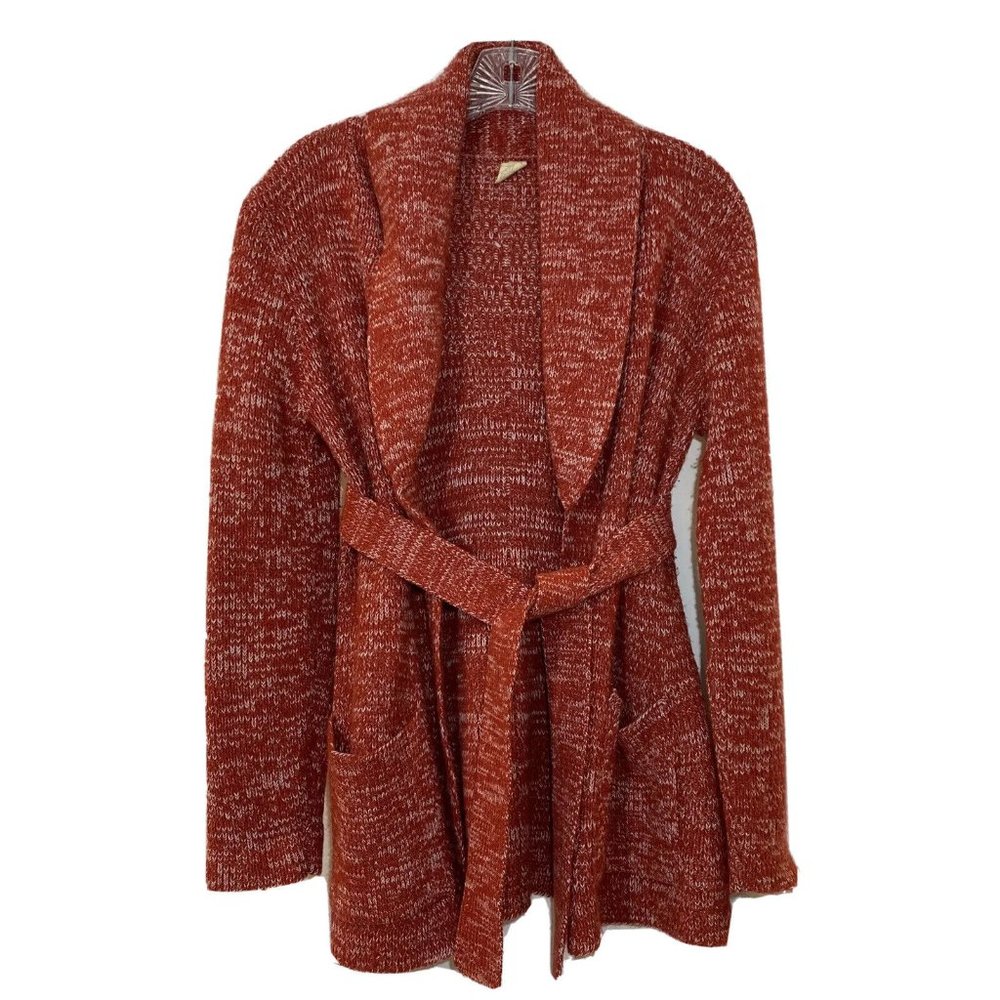 VTG 60s Acrylic Women’s Medium Cardigan Sweater Collar Belted Pockets Red